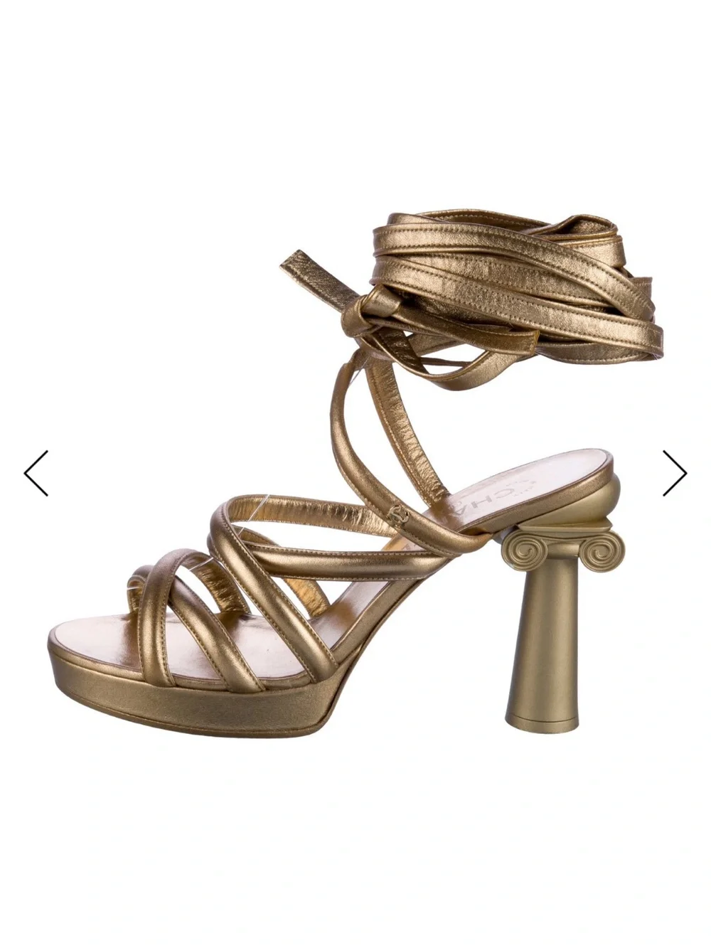 Chanel Metallic Gold Strappy Wrap-Heel Sandals - Picture 2 of 6
